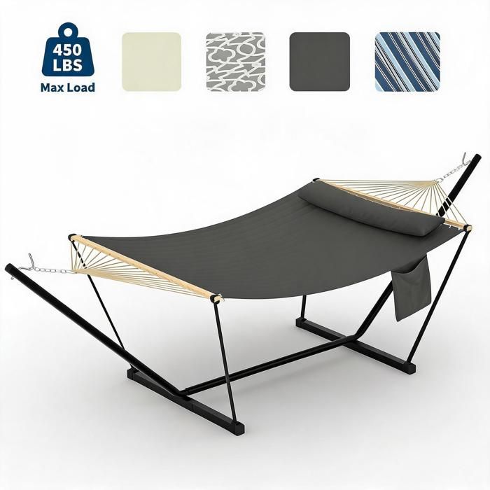 Hamac Double avec Support Réglable Acier Noir pour 2 Personnes Chaise Hamac XXL avec Sac de Transport pour patio/jardin/plage Gris