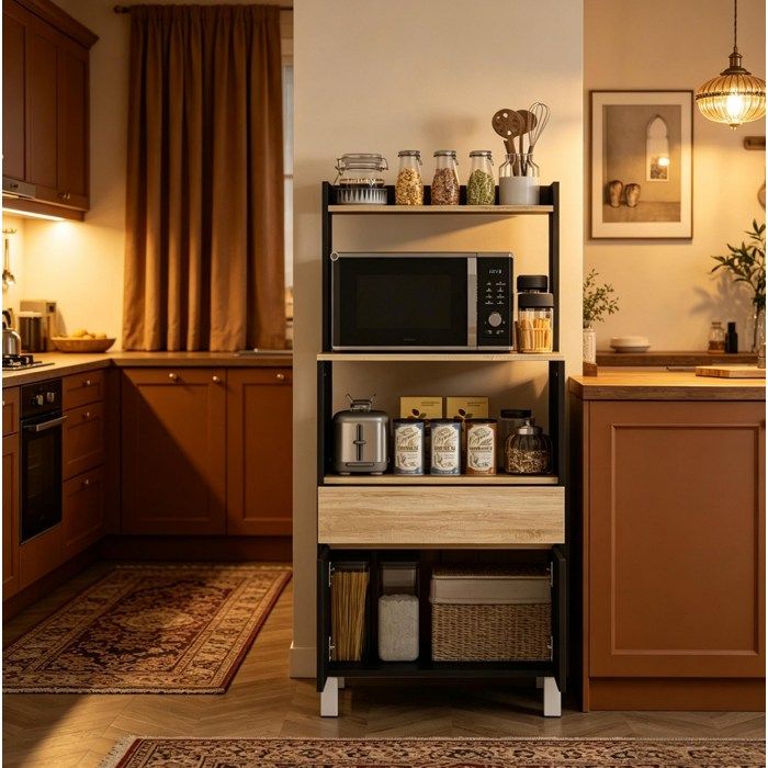 SENVIRO Meuble micro-ondes de cuisine 60 x 40 x 131 cm noir et chêne