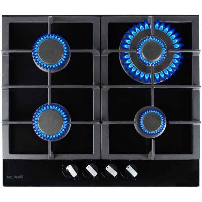 BELDEKO - Plaque de cuisson Gaz verre noir 4 foyers - Gaz ville et bouteille - grilles en fonte - 8000 Watts