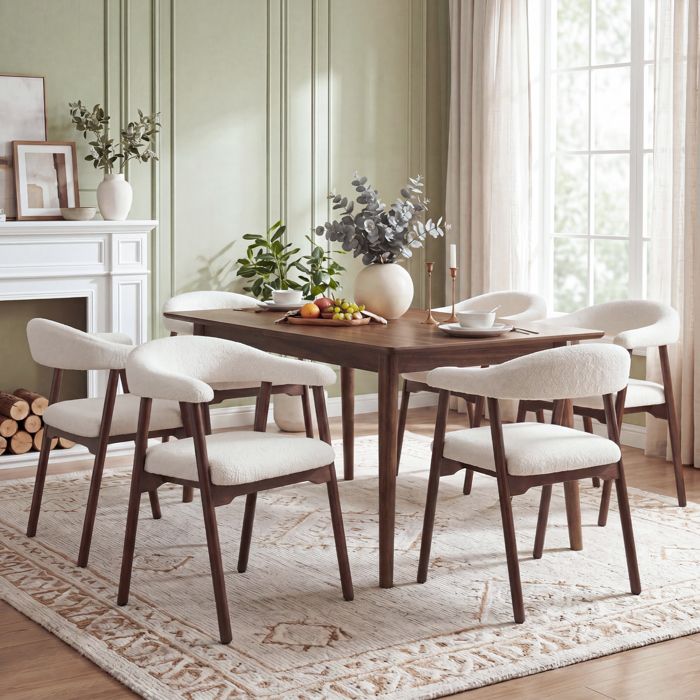 6 chaises de table en bois massif noyer assise beige bouclée dossier respirant design moderne pour salle à manger salon café