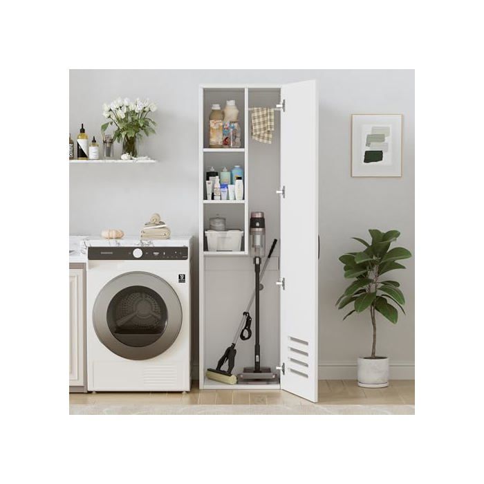 Armoire de Nettoyage Placard à Balai Meuble Rangement Armoire Multifonction Pratique pour Aspirateur Balai Bois Meuble