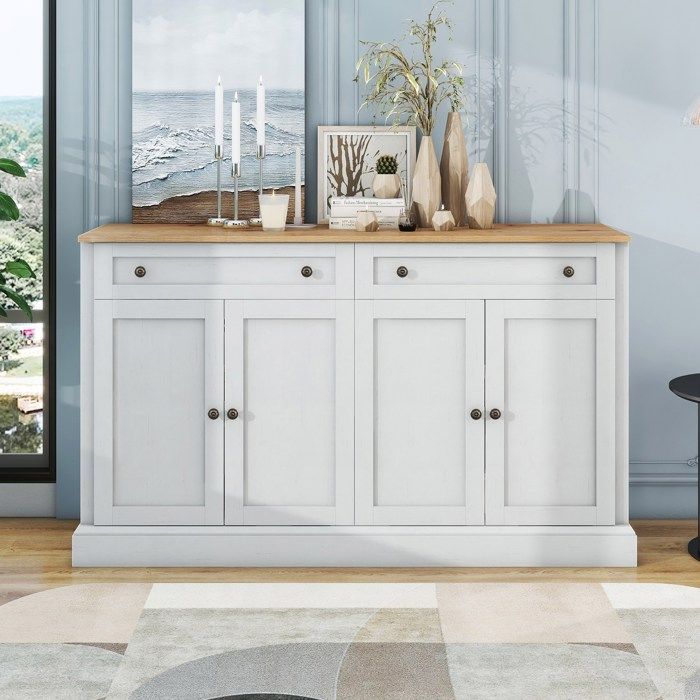LEMLIT Buffet Bas 150 x 40 x 86 cm 4 Portes et 2 Tiroirs étagères Réglables pour Salle à Manger et Salon Blanc et Bois Naturel