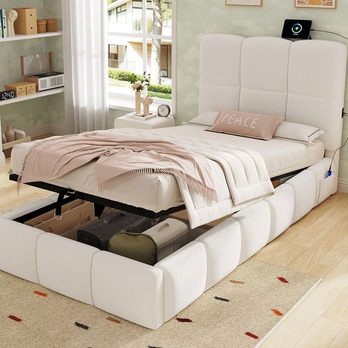 Piaenon - Lit enfant capitonné 90x200 cm simple avec rangement hydraulique et USB-C - bouclé beige