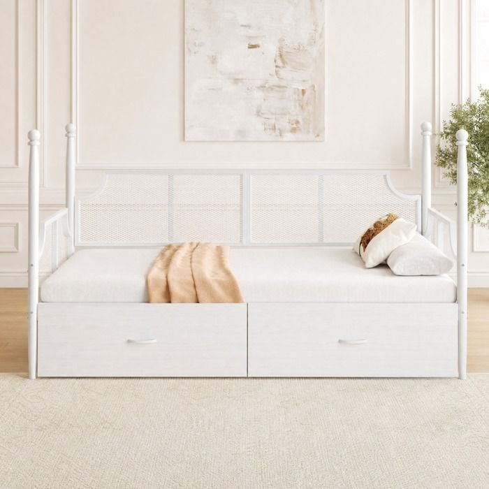 Eisenbettsofa 90x200 cm blanc - Lit convertible vintage avec dos résille et bras de fauteuil structure métal