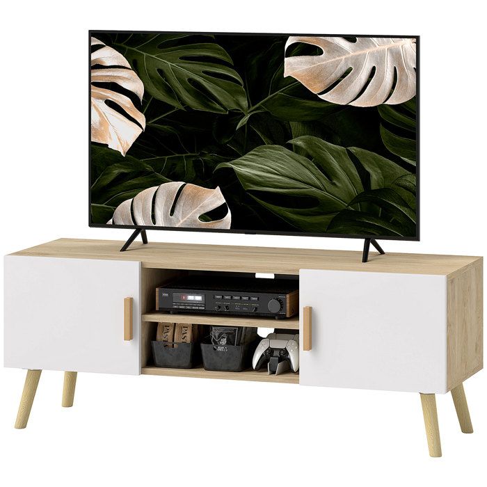Meuble TV - Banc TV Bois 2 Placards 2 Etagères Passe-Câbles - TV 50 Pouces - 110 x 36 2 x 42 cm - Chêne et Blanc