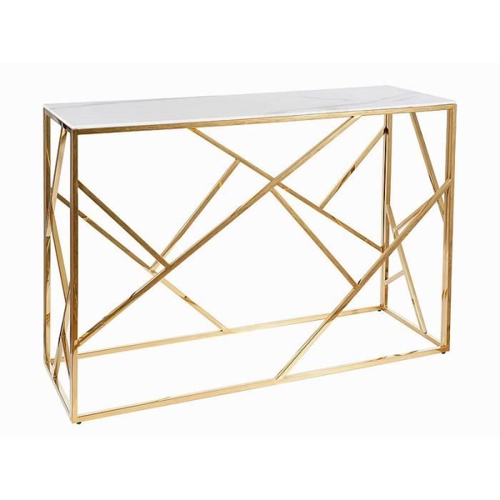 Consoles - Table console design avec plateau en verre effet marbre et inox - Blanc et doré - H 78 x l 120 x P 40 cm Doré