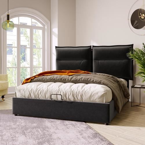 lit double rembourré avec tête de lit réglable-avec matelas-grand espace de rangement-140x200cm-noir