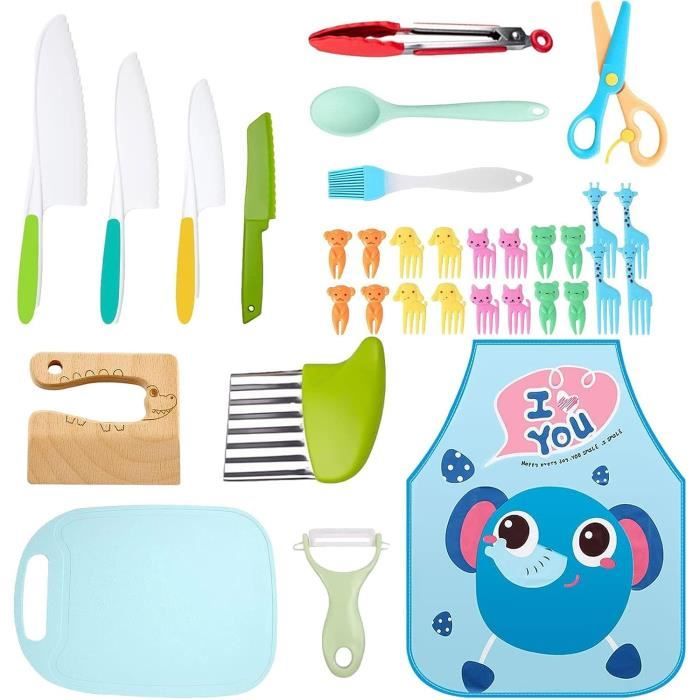 Lot De 13 Couteaux Et Ustensiles De Cuisine Pour Enfants - Sécurisés, Sans BPA - Planche à Découper Incluse - Pour Tout-petits 3-10 Ans