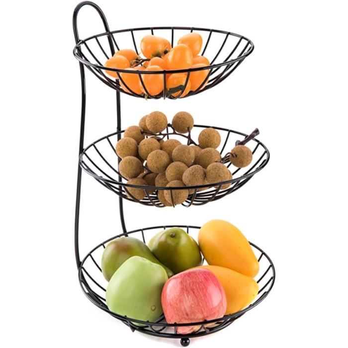 Corbeille à Fruits 3 Étages Métal Noir/Doré - Support Panier Fruits Gâteaux Bonbons