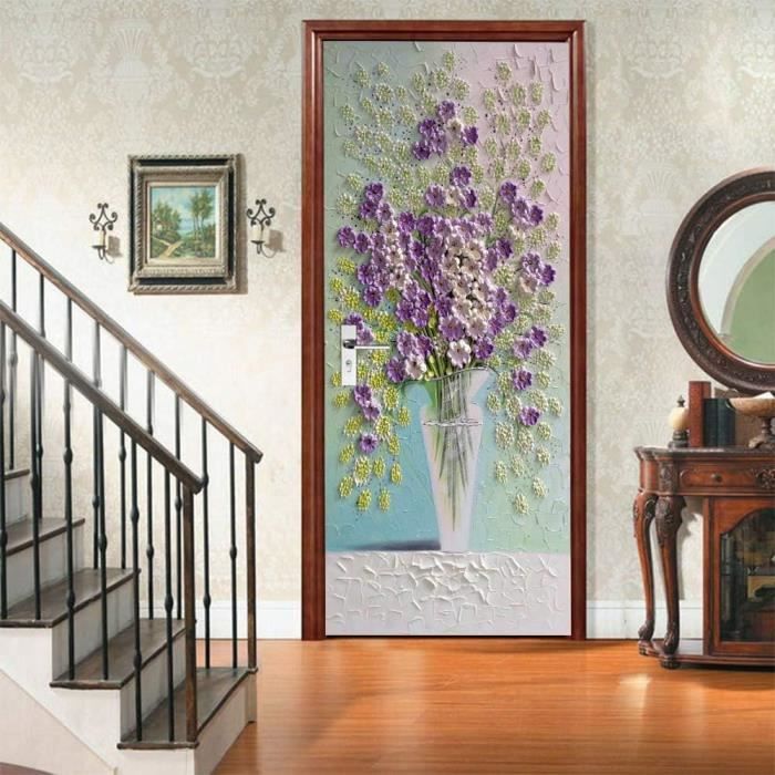 Sticker Porte 3D Orchidée Violette - Autocollant PVC Imperméable, Facile à Poser, Pour Chambre, Salle De Bain, Cuisine