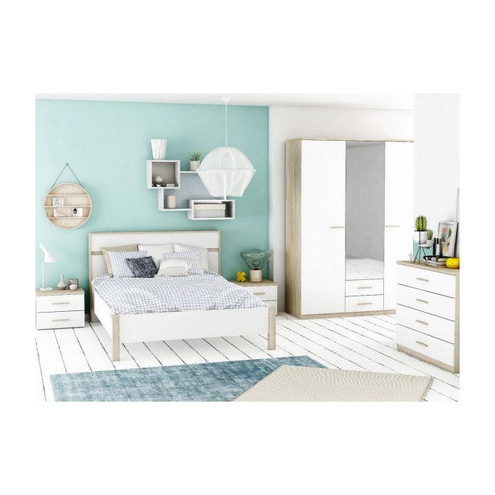 Chambre adulte complète 140 x 190 - STAYA - Blanc - Bois - Lit : L 148