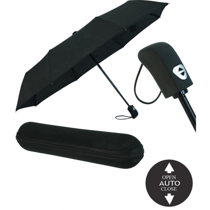 noir Parapluie pliable portable coupe-vent avec fermeture et ouverture automatique avec 2 pochettes de voyage 