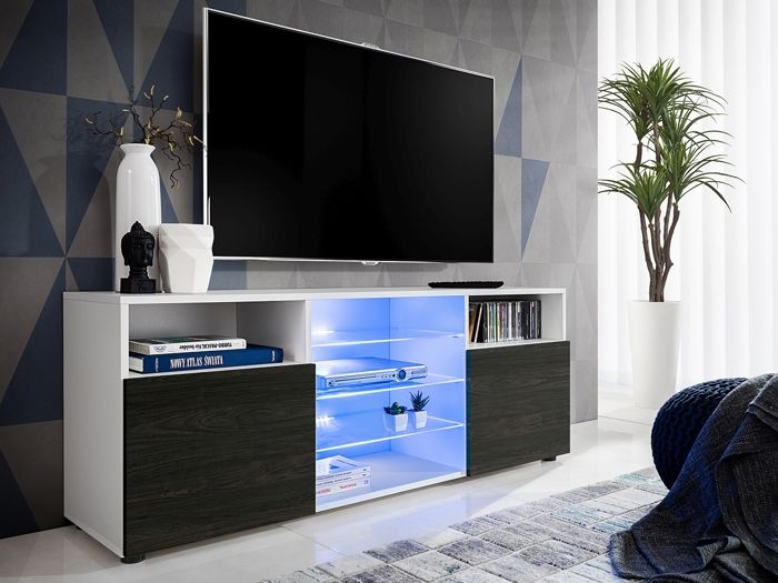 meuble tv t38 - led bleues - carbone mat & blanc - façades en bois mat - l140cm x h53cm x p35cm