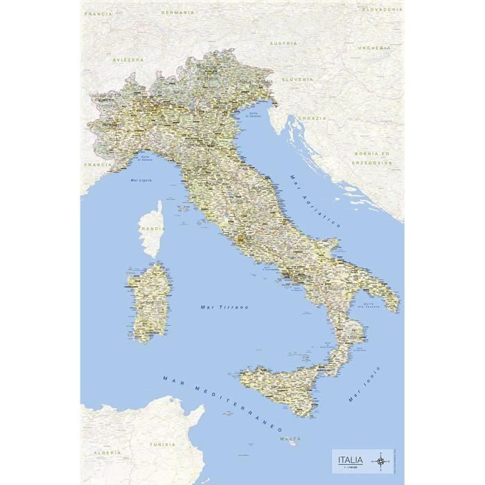 Poster Carte De L'Italie Landkarten - Décoration Murale Géographique 61 X 91,5 Cm