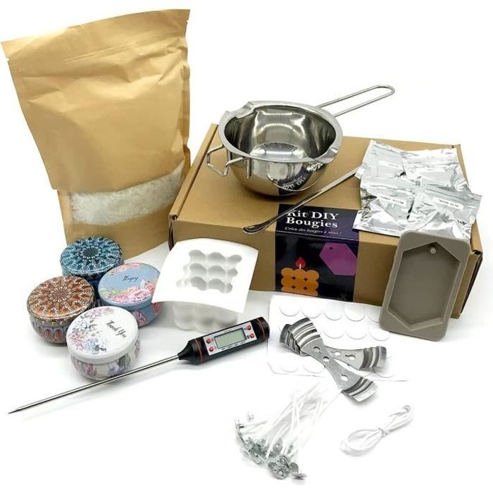 Craftbud Kit de fabrication de bougies de soja – Pour 2 bougies – Cire de bougie  pour la fabrication de bougies – 0,5 kg de cire de soja naturelle, boîtes,  fondoir, mèches