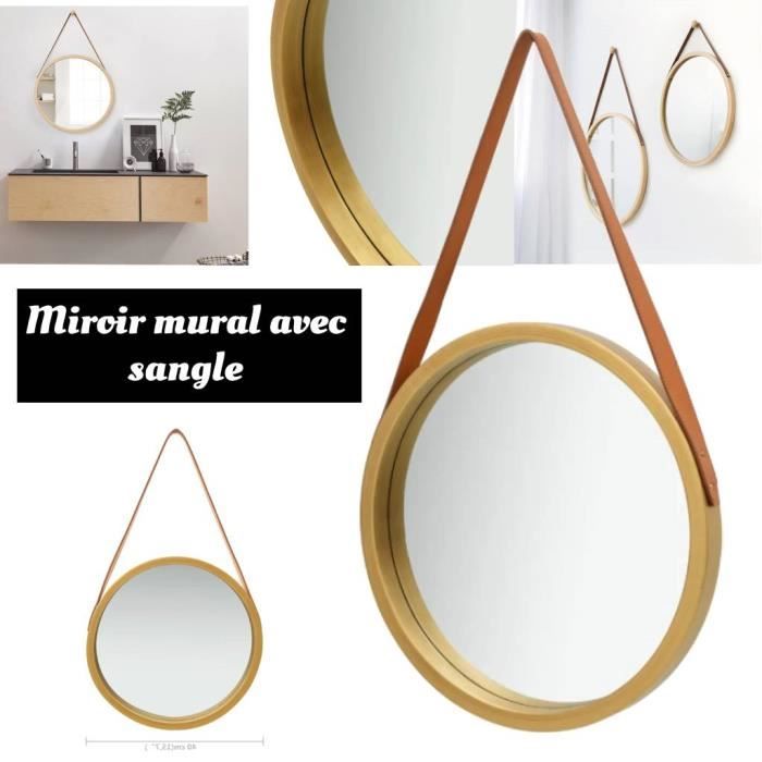 Miroir mural - BEL - 40 cm - Doré - Similicuir - Vintage - Rond