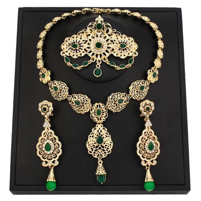 LL9104GREEN - ensemble de bijoux de mariée marocaine, couleur or, pour femmes, Caftan, broche, boucles'oreill