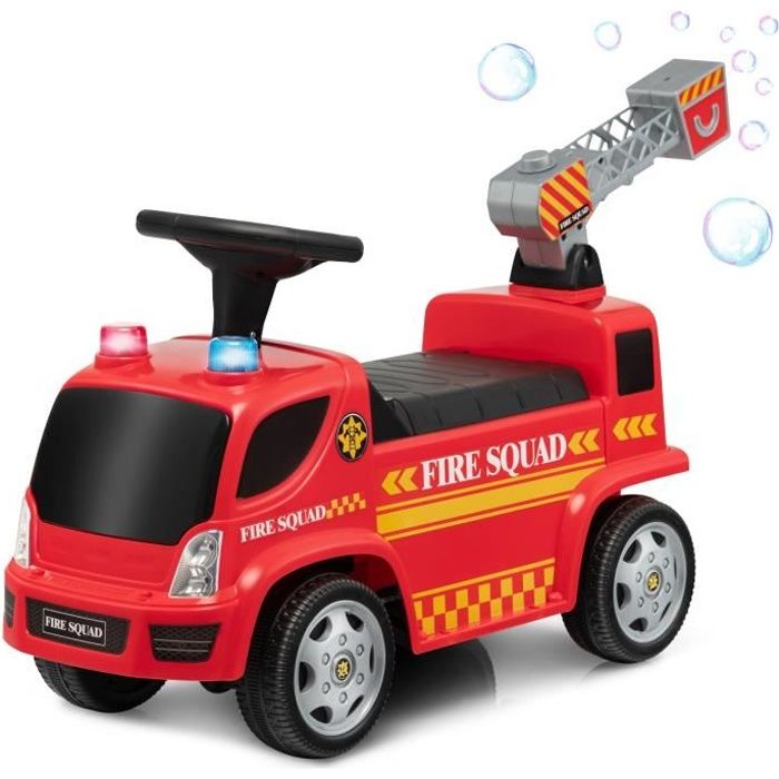 costway porteur pour enfants avec machine à bulles, lumineux, sirène sonore et musique,camion de pompiers à pousser, rouge