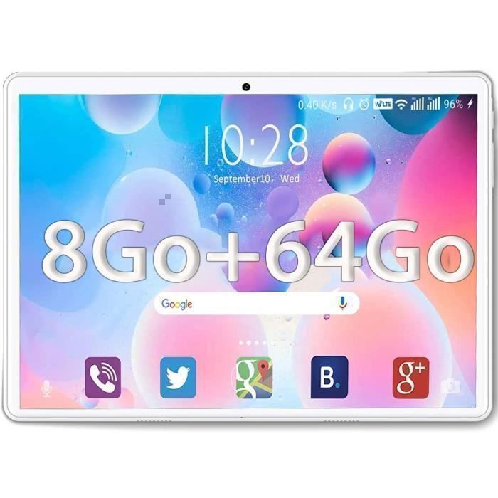 Tablette 10 Pouces 8Go RAM + 64Go ROM Android 13 Caméra 5+8MP 1280×800 IPS HD 4G LTE  WiFi  Bluetooth  GPS 8000mAh Batterie