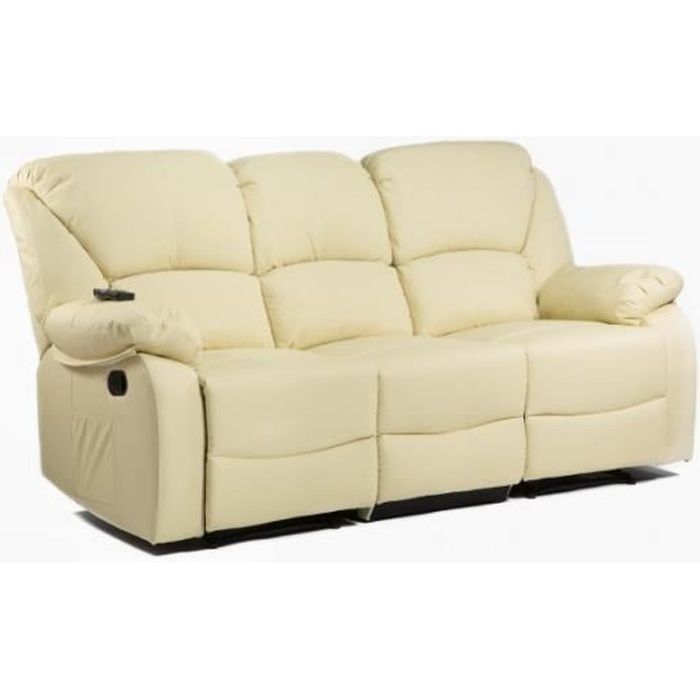 ecode canapé 3 places inclinable avec massage par ondulation vibrante, chaleur lombaire, similicuir eco-8590/3 beige