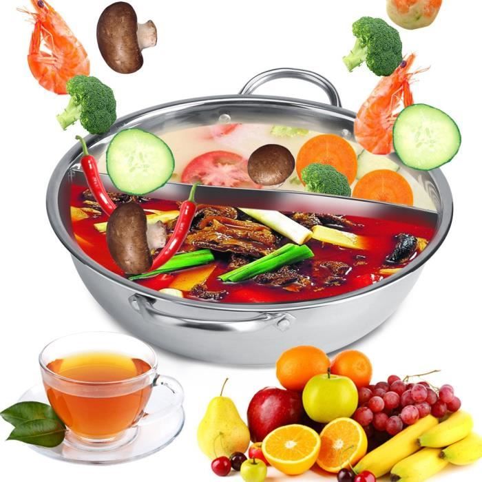 Casserole Hot Pot Double Saveur En Acier Inoxydable Avec Séparateur - 30x30 Cm Pour Cuisinière Induction, Gaz