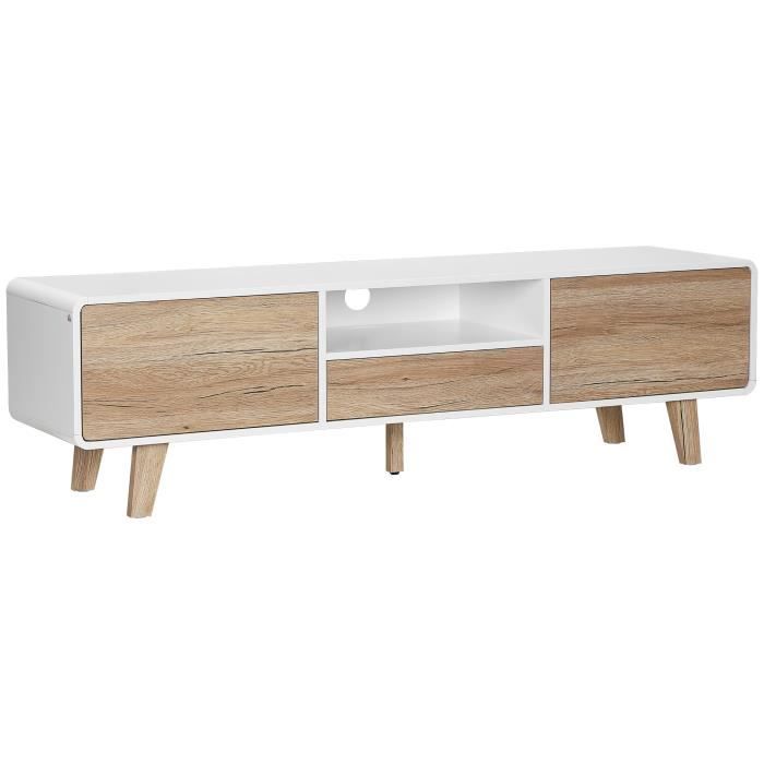 homcom meuble tv bas sur pied style scandinave 2 portes niche tiroir mdf blanc aspect chêne clair