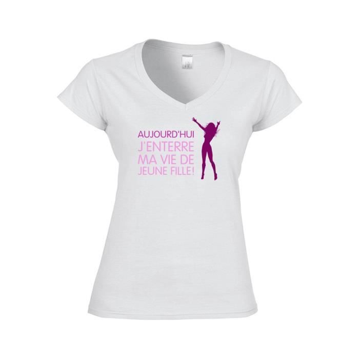 T shirt Femme col V mon evjf enterrement vie jeune fille gris m