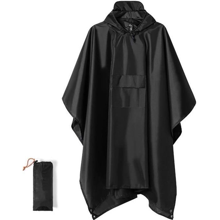 Poncho Pluie Homme Cape de Pluie Poncho de Randonnée Poncho de Velo 3 en 1 Multifonction PU - Noir