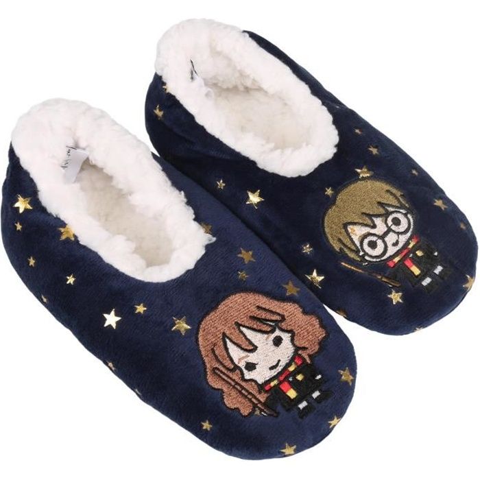 Harry Potter, Hermione pantoufles / pantoufles pour filles, antidérapantes, bleu marine avec étoiles, sherpa