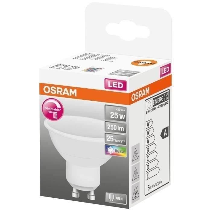 osram spot led rgbw variable+télécommande 4.5w gu10 250lm 2700k chaud - boite de 1