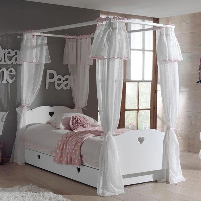 Pack - Lit à Baldaquin Enfant Sommier Tiroir & Voile Amori 90x200cm Blanc