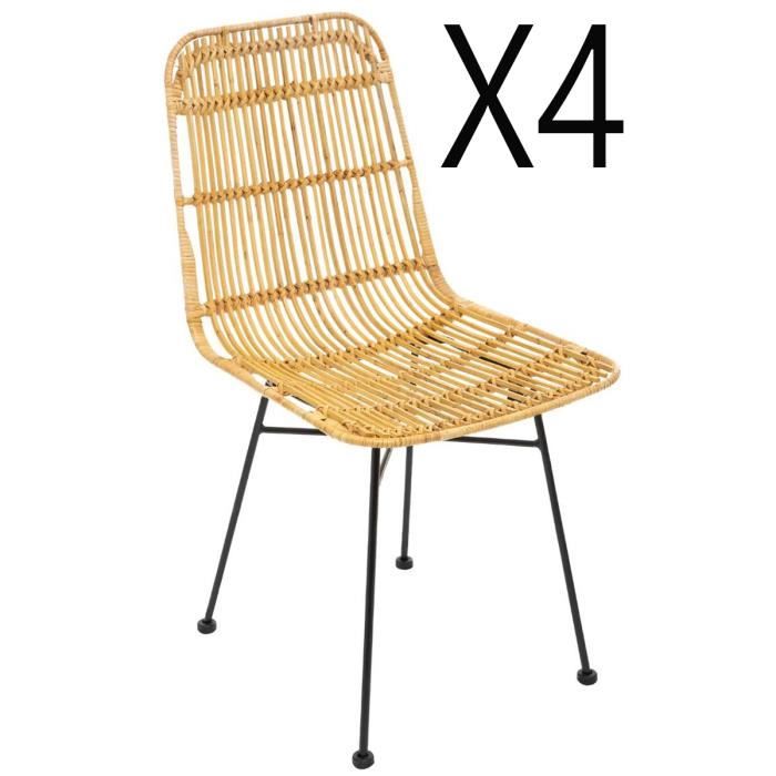 lot de 4 chaises de salle à manger en rotin et fer coloris biege - dim : l.45 x l.57 x h.88 cm
