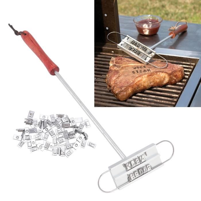 Fer à Marquer pour Barbecue, marquage au Barbecue avec Poignée en Bois, Fer à Marquer en Acier Inoxydable avec 63 Lettres interchangeables, Accessoire