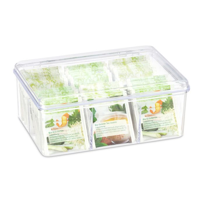 Meilleurs prix pour Relaxdays Boîte à thé, coffret, 90 sachets thé, couvercle, 6 compartiments, HxlxP: 9 x 21,5 x 14,5 cm, transparent