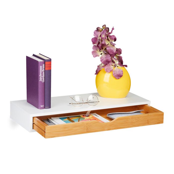Relaxdays étagère murale tiroir HxLxP: 8 x 60 x 24 cm console au mur style scandinave bois MDF bambou blanc/nature
