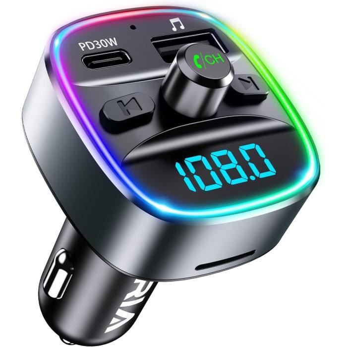 Transmetteur FM Bluetooth 5.3, ORIA Emetteur Radio Sans Fil Chargeur Rapide PD Type C 3.0 Avec 7 Couleurs LED RGB, Appels Mains Libres, Lecture De Musique Prend En Charge Carte TF, Disque USB