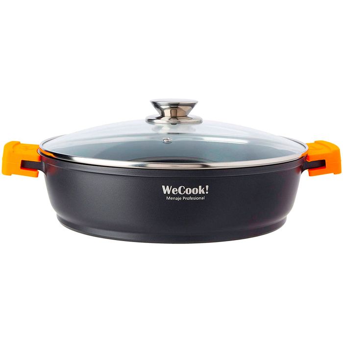 WECOOK! Ecochef Casserole Profonde 32cm Induction - Antiadhésive QUANTANIUM Sans PFOA, Fonte D'Aluminium 5mm, Couvercle Verre, Poignées Silicone