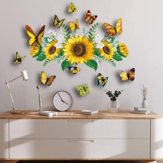 Stickers Muraux Tournesol 3D Papillon Jaune Fleurs Décoration Murale Vinyle  Imperméable Amovible Autocollants pour Salon Cuisine Stickers Muraux pour  Famille Mur