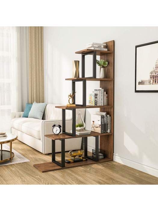 Bibliothèque 5 Niveaux En Forme De S YITAHOME - Étagère Industrielle Acier Noir Pour Salon Et Chambre