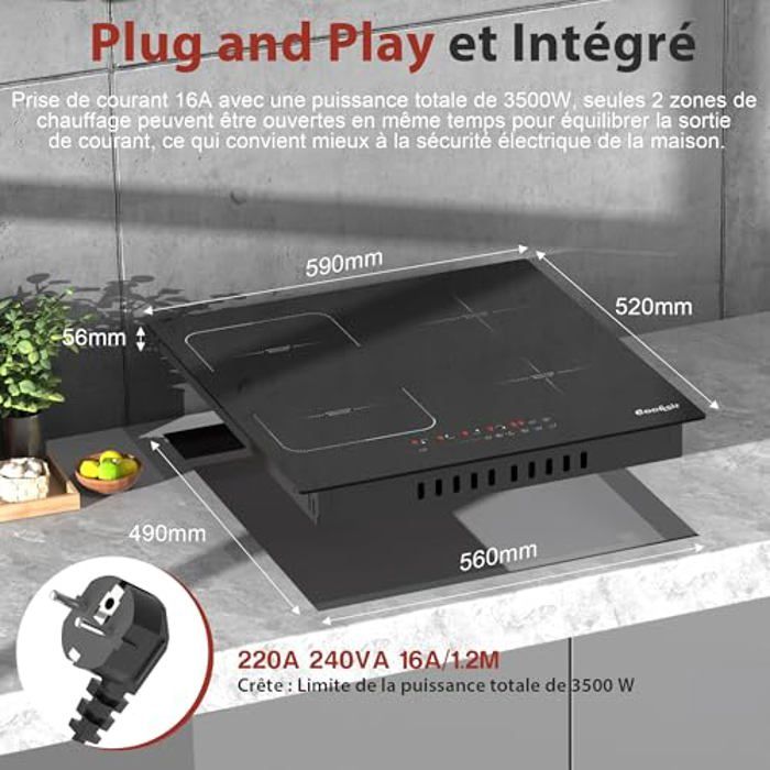 Plaque Induction 4 Feux Avec Commande Rotative, Hobsir 60cm Plaque Induction, Flexible Zone Combinée, Minuterie, Fonction Pause, Verrouillage Sécurité, 7200Watts, Sans Prise