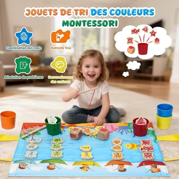Jeu De Pêche Montessori 22 Pièces – 15 Poissons, Canne, 5 Seaux, Sac – Aimants En Velcro – 1-3 Ans