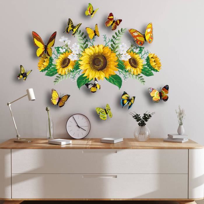 Stickers muraux motif tournesol avec papillon 3D, fleurs jaunes, étanche et  amovible, autocollants muraux pour chambre à coucher, salon, salle de bain