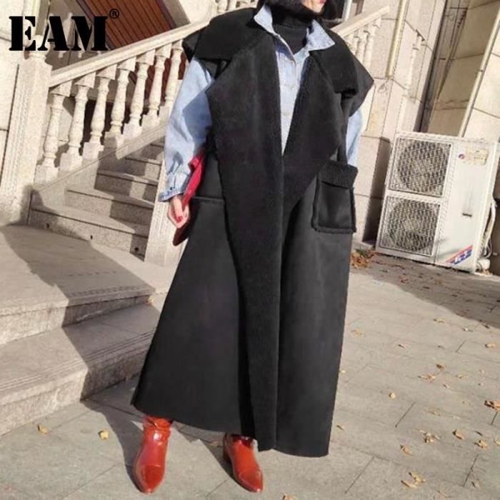 Gilet EAM gilet Extra long noir en fausse fourrure pour femme coupe ample sans manches a revers a la mode Type Black Blanc Cdiscount Pret a Porter