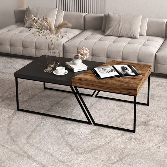 Lot De 2 Tables Basses HOMCOM - Design Industriel - Pieds Acier - Noir Et Effet Bois