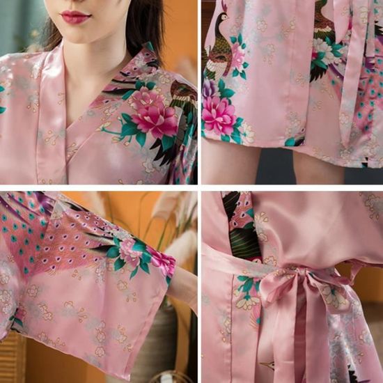 Peignoir Satin Femme Kimono Court - Manches 3/4 Ceinture Adjustable | Mariage Spa Cadeau