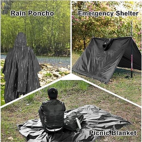 Poncho Pluie 3 En 1 Multifonction - 220x140cm - Léger, Imperméable - Pour Camping, Randonnée, Vélo
