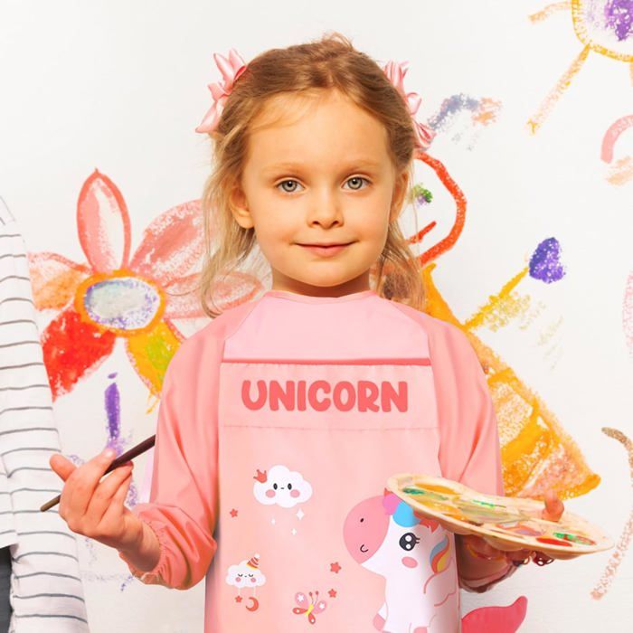 Tablier Peinture Licorne ROSEMO – Imperméable Rose, Manches Longues, Poche Avant, Pour Enfant 3-8 Ans
