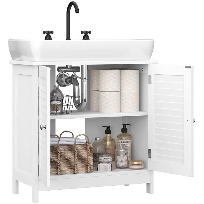Meuble Sous Lavabo Salle De Bain 60x30x60cm - MDF Et Bambou - Blanc - 2 Portes Magnétiques - Étagère Réglable - ESituro