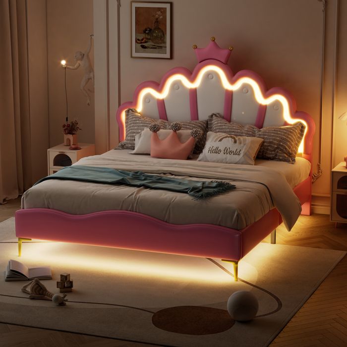 Lit enfant 140x200cm avec tête de lit réglable, sommier à lattes, velours, rose, sans matelas Lit enfant 140x200cm avec tête de lit réglable, sommier à lattes, velours, rose, sans matelas