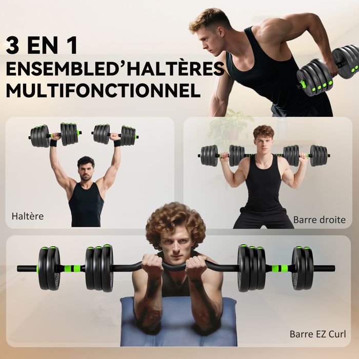 Kit haltères musculation - SPORTNOW - 30 kg - 3 en 1 - poids réglable ...